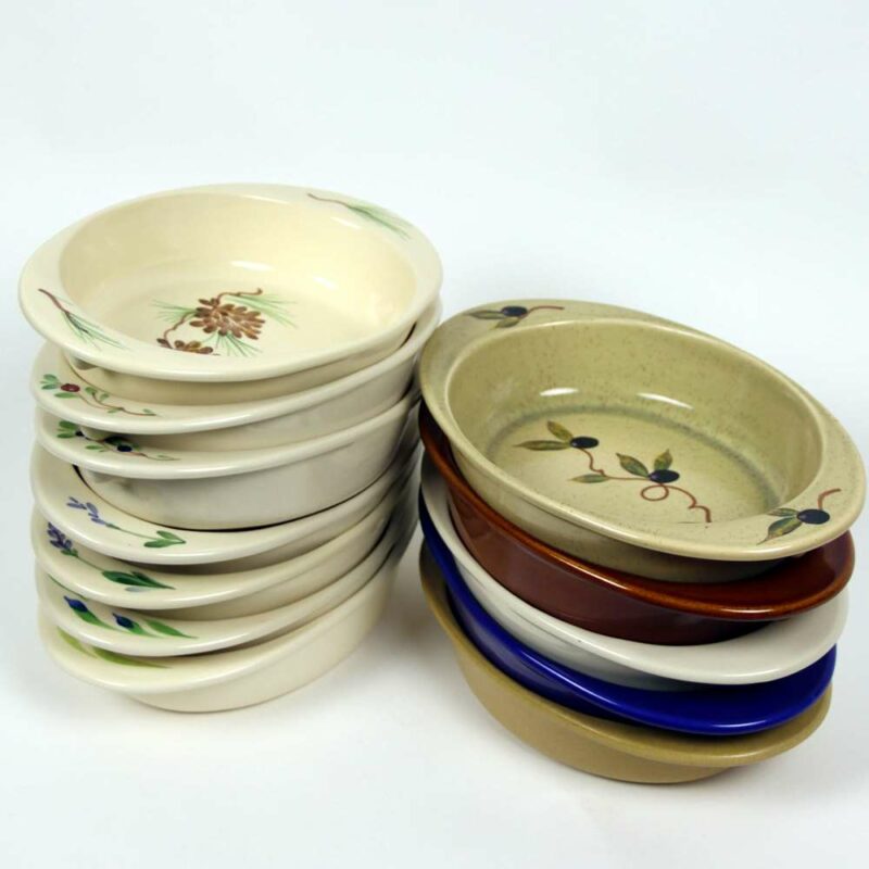 Selection of stoneware pottery Large Casserole Dishes in multiple glazes and hand-painted designs.
