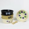 Selection of stoneware pottery Large Round Prints Pet Bowls in multiple glazes and hand-painted designs.