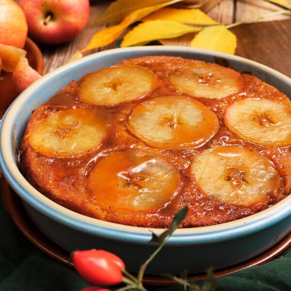 Fall Brookline Stoneware with upside down cake cinnamon and apples.