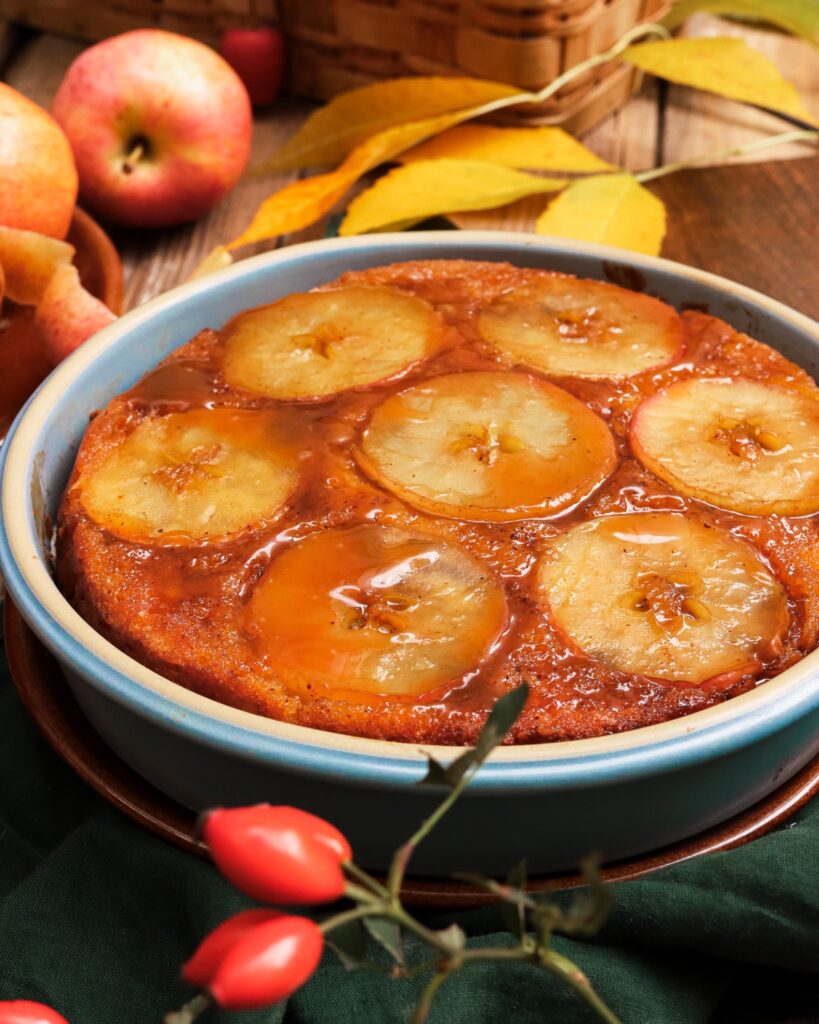 Fall Brookline Stoneware with upside down cake cinnamon and apples.