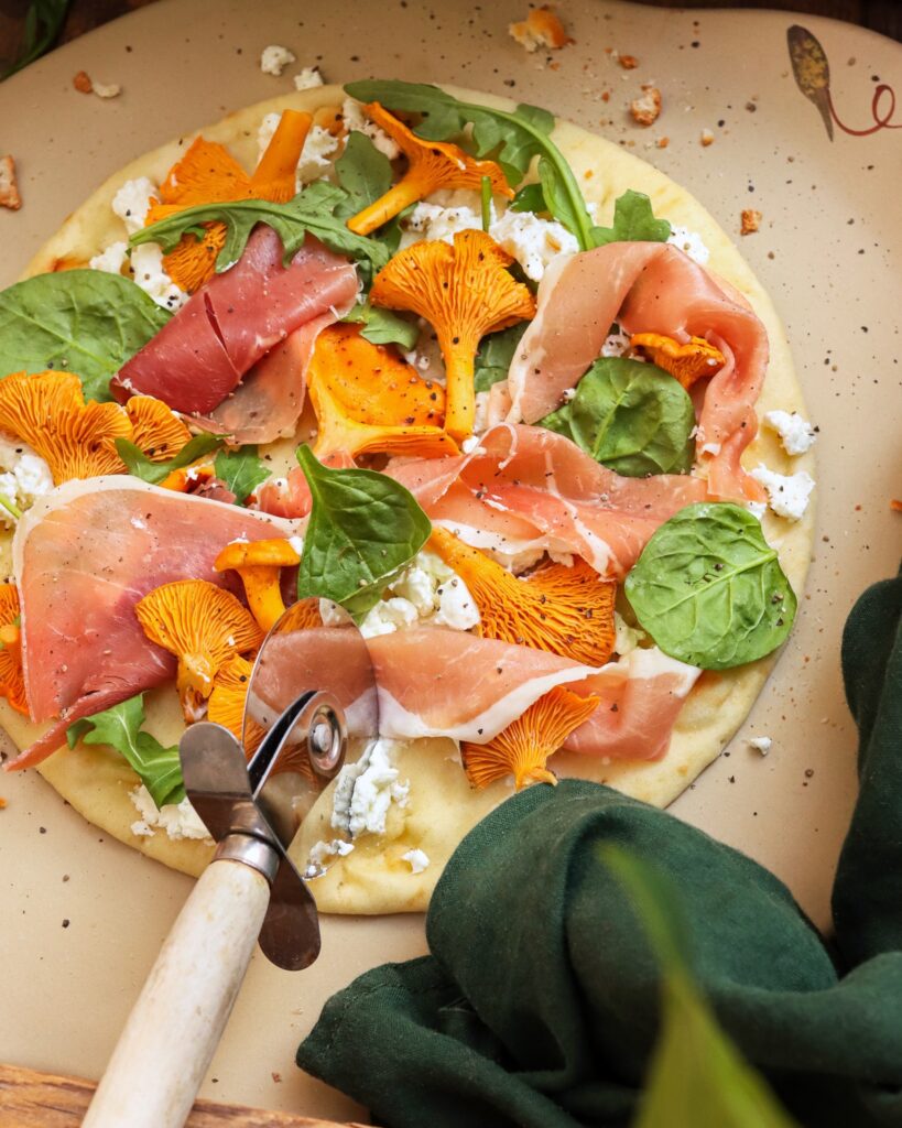 Shortbread and Tea Fall Stoneware pizza stone with flatbread pizza.