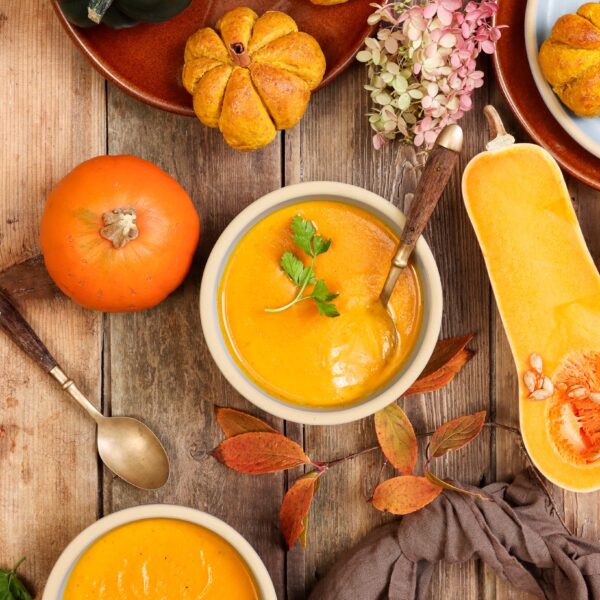 Pumpkin bread and soup in Brookline and Coupe stoneware with squash.