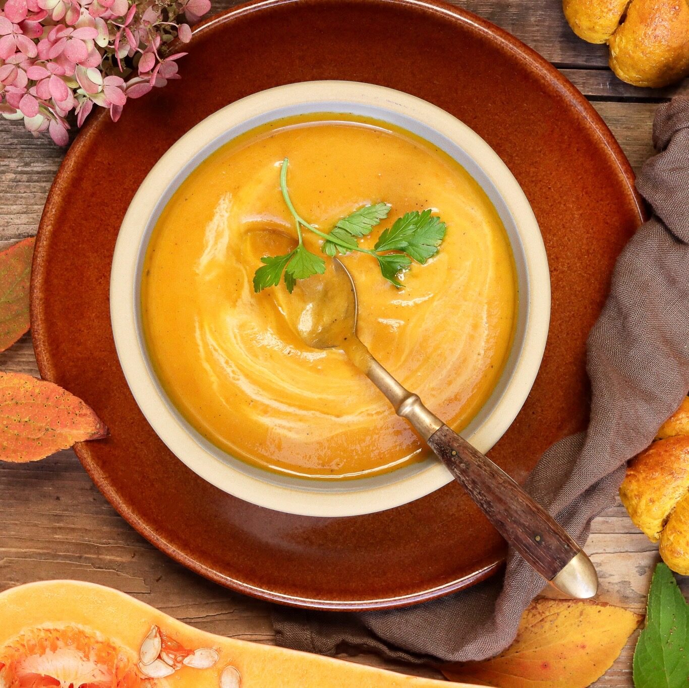 Pumpkin bread and soup in Brookline and Coupe stoneware with squash.
