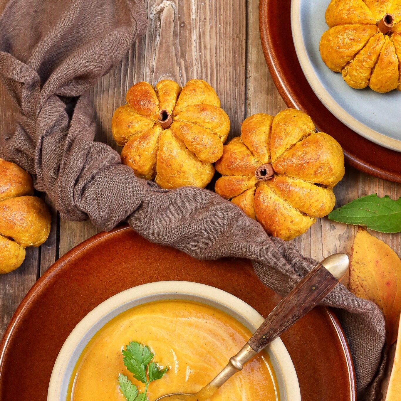 Pumpkin bread and soup in Brookline and Coupe stoneware with squash.