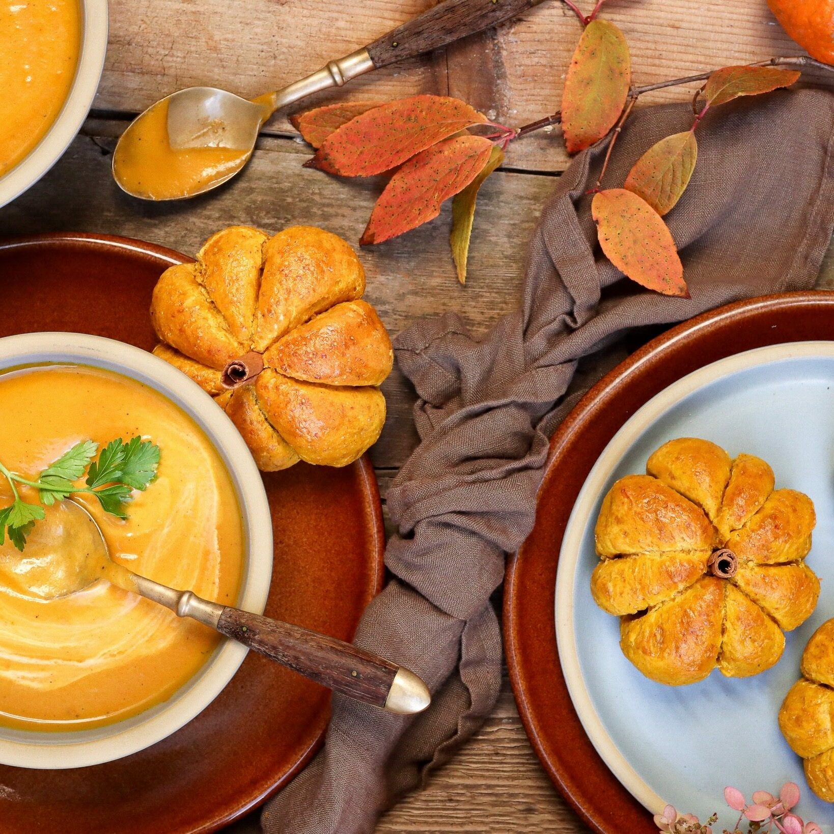 Pumpkin bread and soup in Brookline and Coupe stoneware.