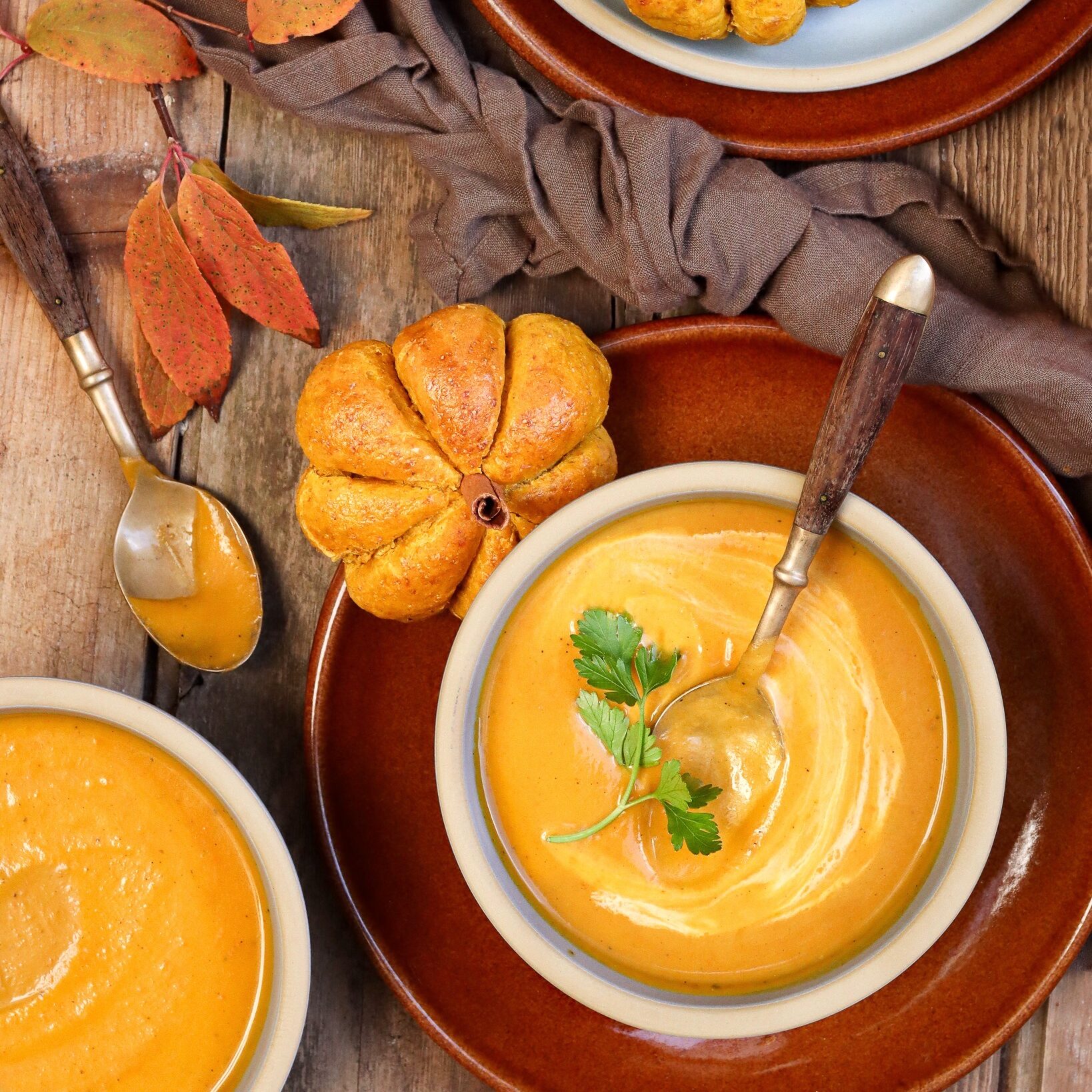 Pumpkin bread and soup in Brookline and Coupe stoneware.