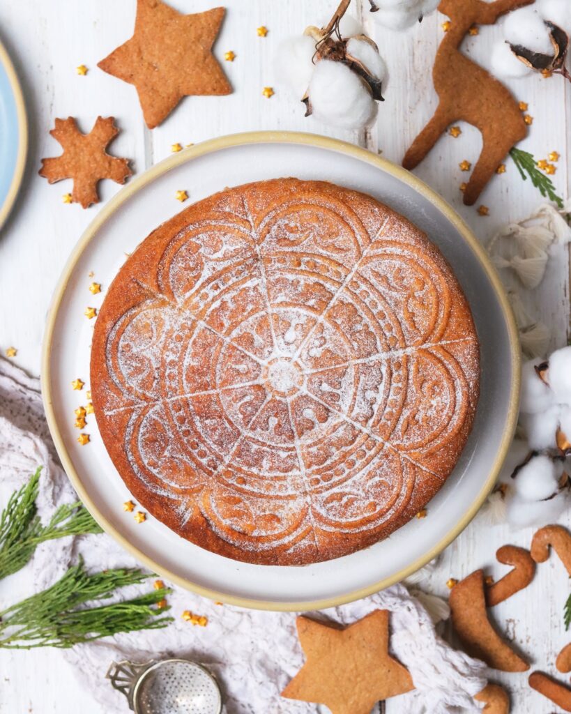 Gingerbread Shortbread Cake sitting on Brookline Dinner Plate.