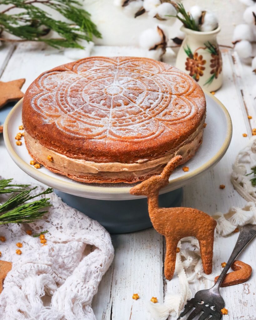 Gingerbread Shortbread Cake sitting on Brookline Dinner Plate.