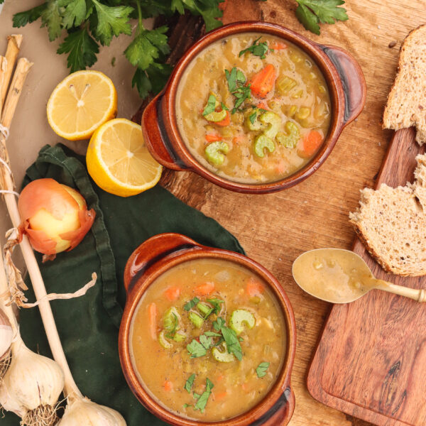 Soup bowls with soup and bread